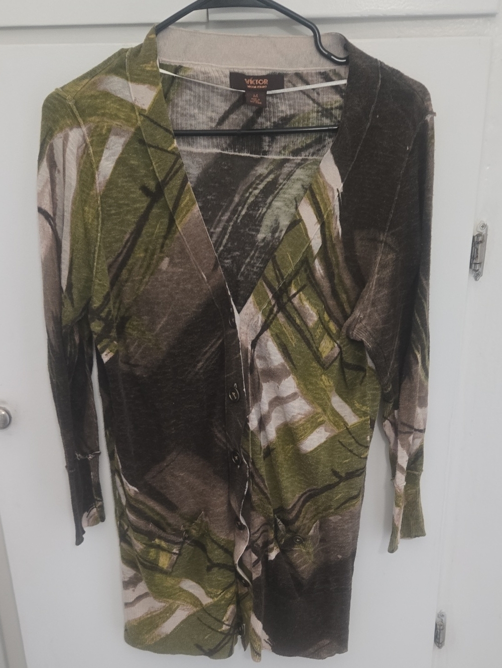 Victor Costa Olive Green & Brown Abstract Knit Cardigan